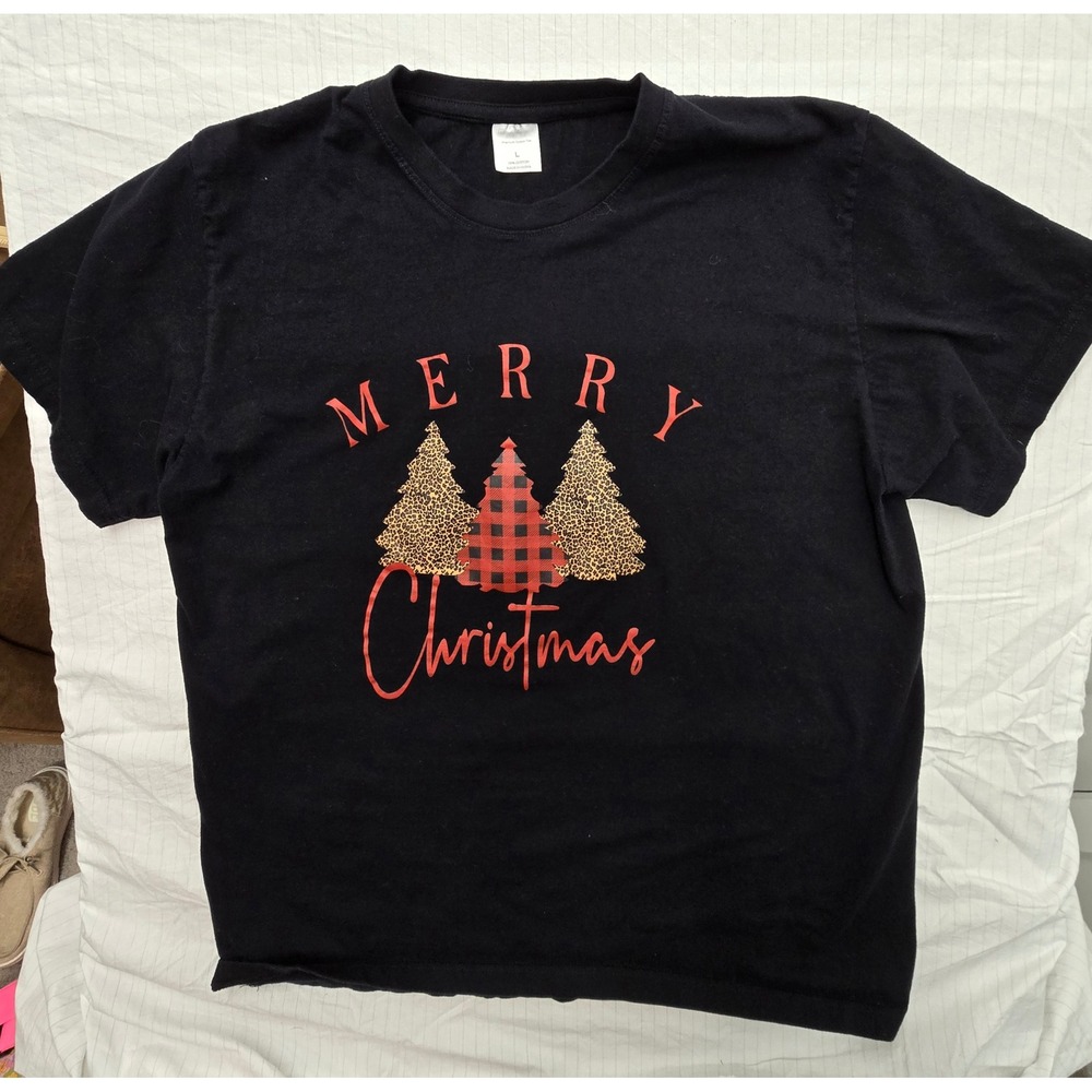 Merry Christmas Graphic Tee Black Cotton Leopard Buffalo Plaid Trees Large